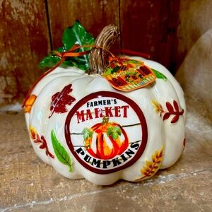 Blue Sky Clayworks FARMER’S MARKET” Ceramic Pumpkin  Fall Leaves  NEW HTF